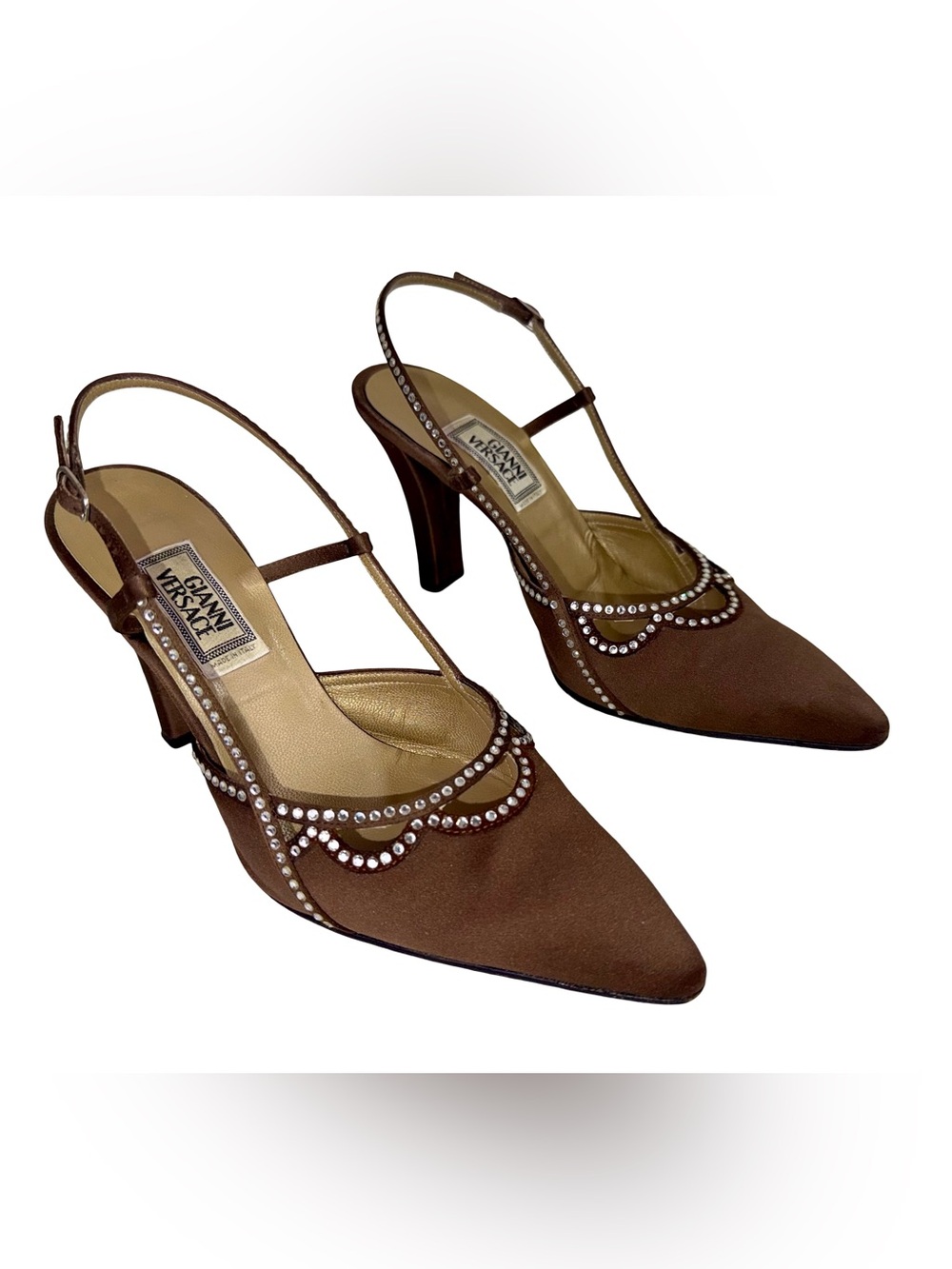 VERSACE SLINGBACK PUMPS IN BROWN SATIN WITH RHINESTONE CRYSTAL EMBELLISHMENTS